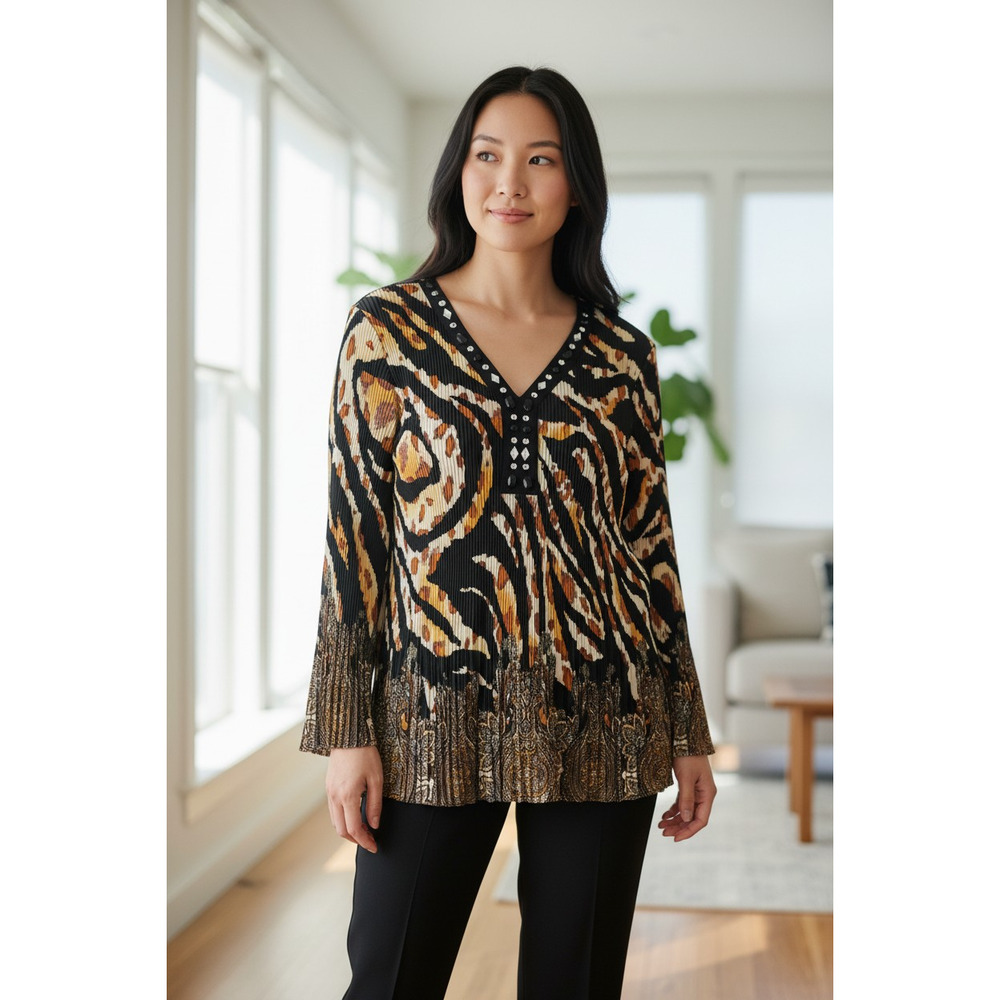 4970)Signature Larry Levi Crinkle Pleated Rhinestone Mixed Media Tunic Blouse XL